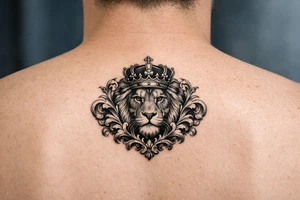 powerful majestic lion with a crown, framed by ornate floral scrollwork tattoo idea