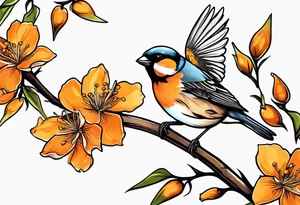 finch lifting off of branch with orange blossoms tattoo idea