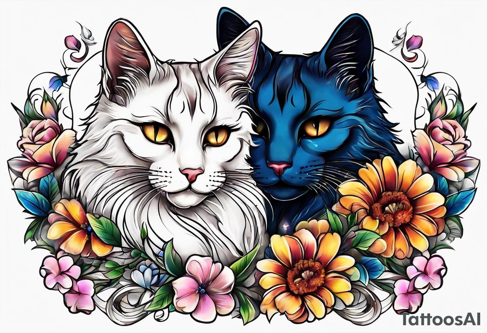 2 cats in laid crescent moon with flowers and paw prints tattoo idea