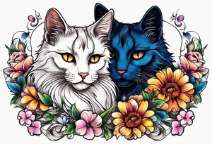 2 cats in laid crescent moon with flowers and paw prints tattoo idea