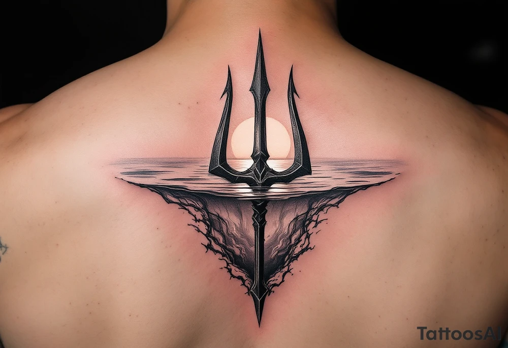 trident half way under calm water with sunset tattoo idea