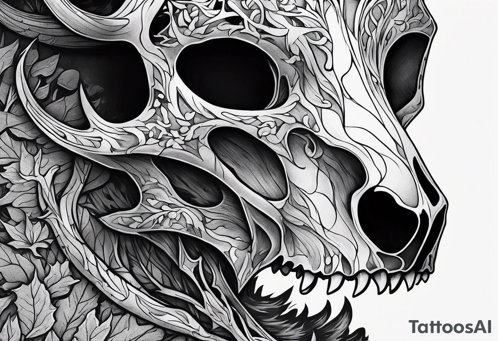 A SCARY side view of a decayed deer skull NO SKIN JUST BONE surrounded by a forest fire in background tattoo idea