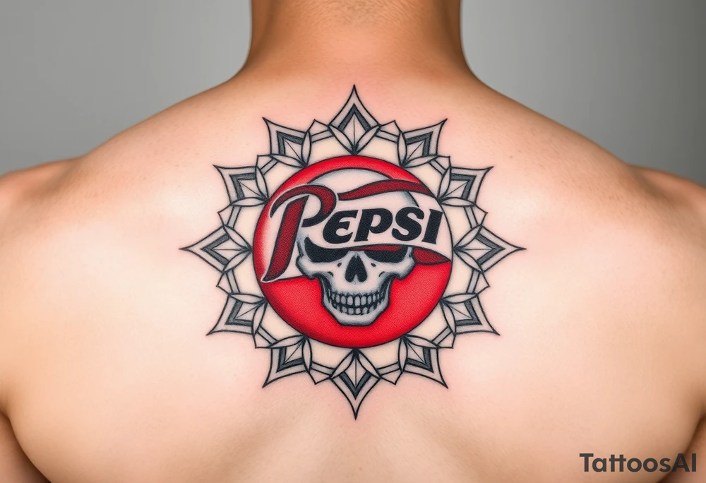 "Pepsi logo deconstructed into a sand mandala. Pixelated skull in center. Black and red ink, sacred geometry style, symmetrical." tattoo idea