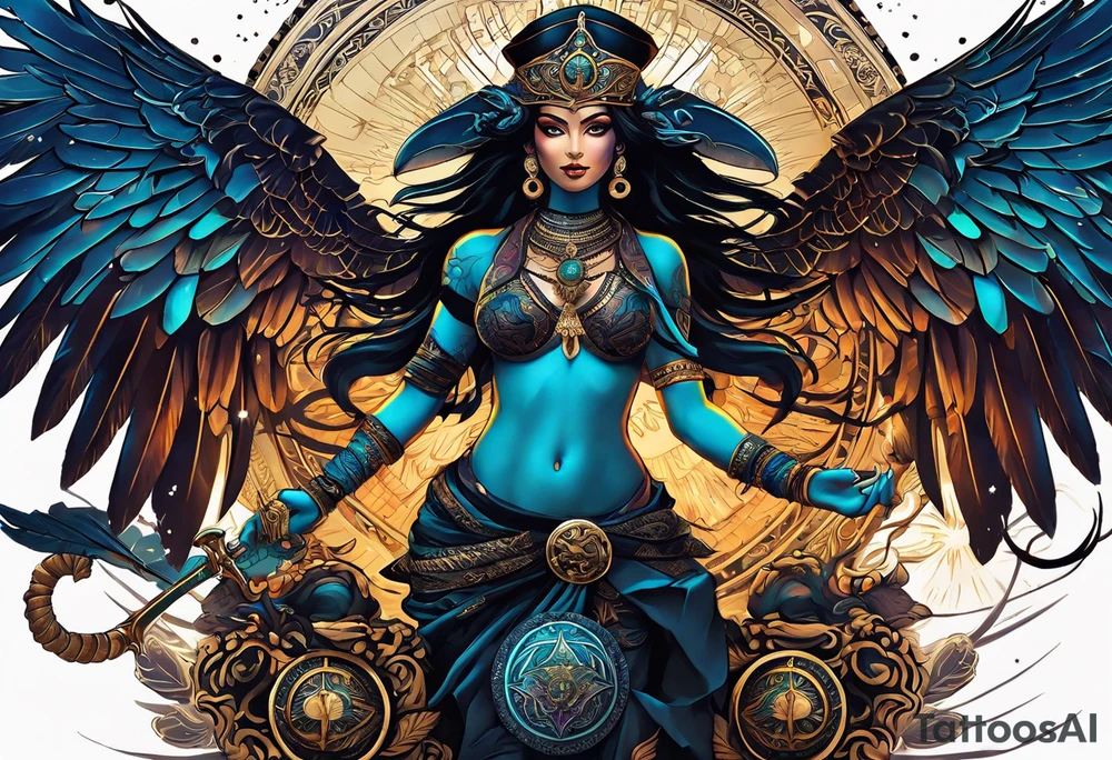 black kali, goddess pirate, alien, angel, pachamama, valkrye, warrior, flying, skull, lotus azul, wing, eagle, zenza resonance, stars, 5D, anahata chakra, death, durga, riding on a tiger, flying lady tattoo idea