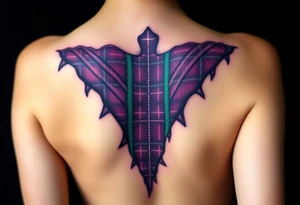 Chest 
Dark Purple with green pink blue and white highlights tartan fabric with skin around edges peeling and wrapping around side of shoulder tattoo idea