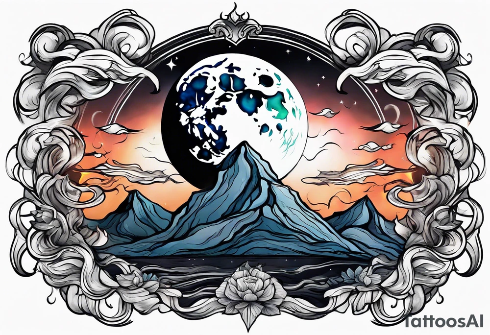 Moon surrounded by ribbons of smoke tattoo idea