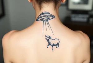 UFO abducting a black sheep. No color. Black and gray scale on back of arm above elbow tattoo idea