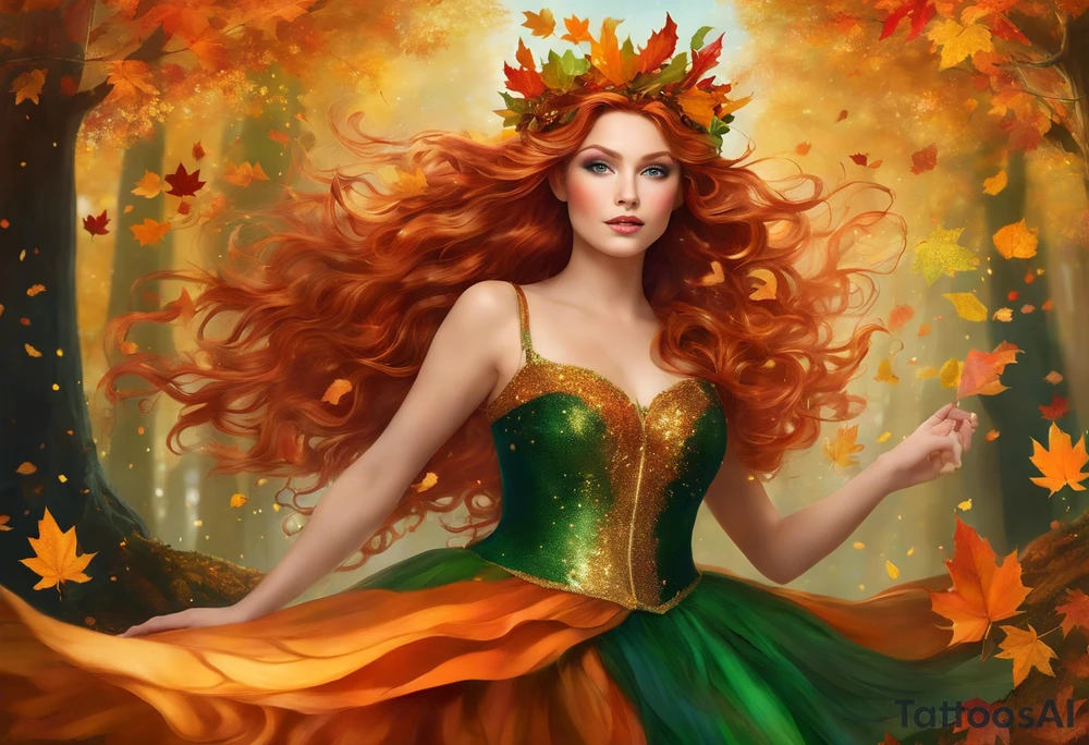 A winged fairy in the middle of a forest during the peak of autumn, twirling in a whirlwind of autumn leaves. The fairy's hair is auburn with copper colors and a crown of gold, orange, and red leaves adorning her head. Her eyes are emerald green with gold flecks, ruby lips and pale skin. Her dress a coppery orange, with leaves scattered on it. The fairly is twirling in a pile of leaves with arms raised overhead, looking at the sky. tattoo idea
