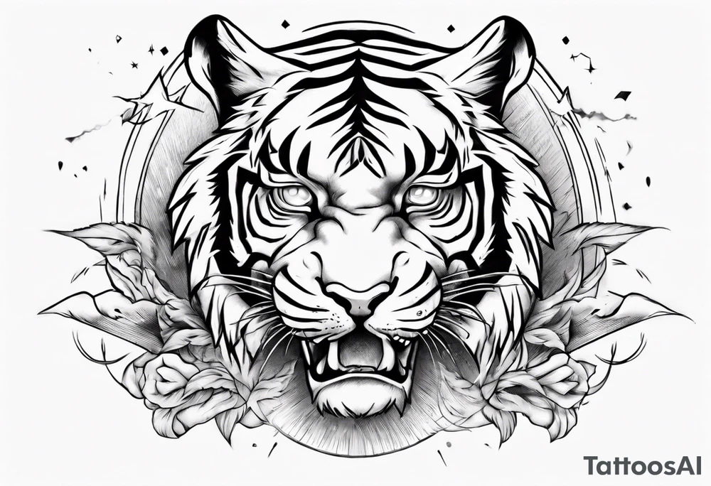 Tiger design with lightning and the sun for a forearm sleeve tattoo idea