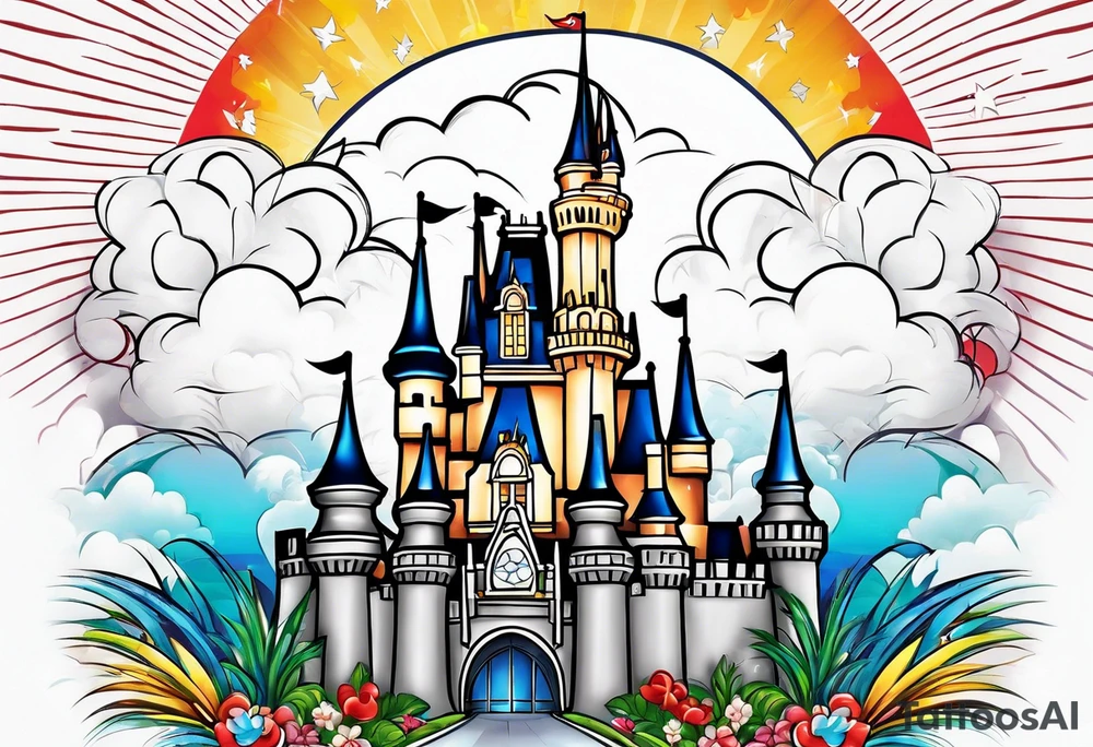 disney castle with a lightning storm palm trees and a mickey mouse tattoo idea