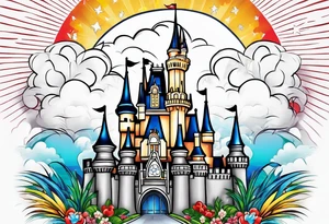 disney castle with a lightning storm palm trees and a mickey mouse tattoo idea