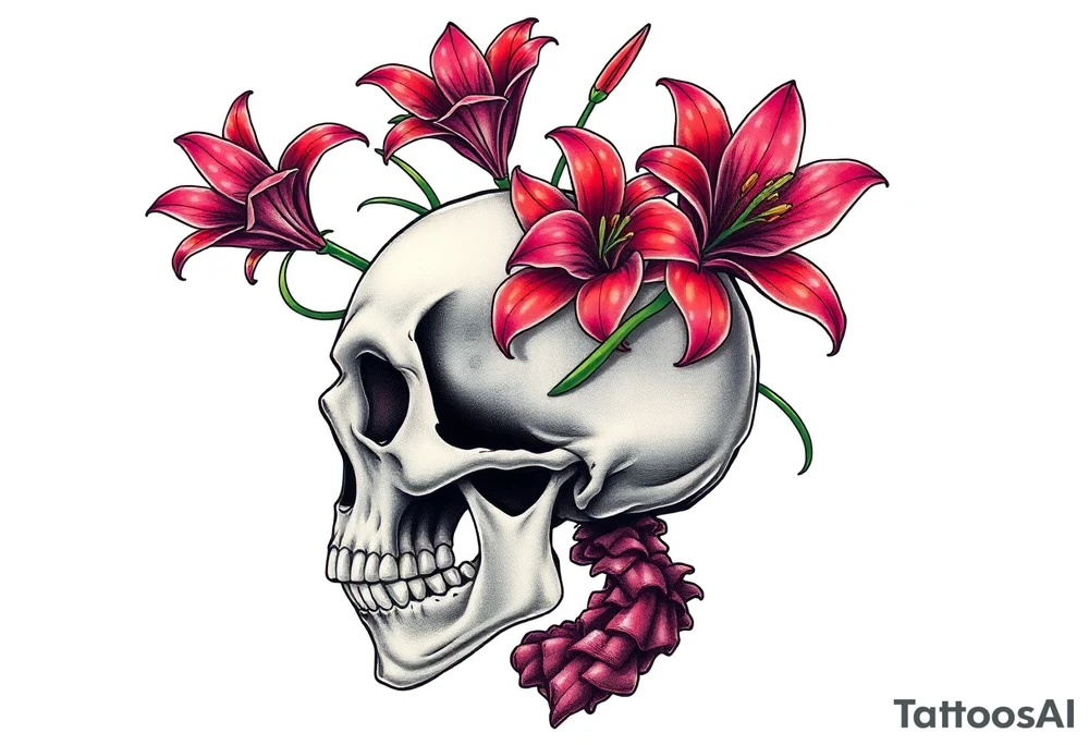 Lillies coming out of back of humanoid skull tattoo idea