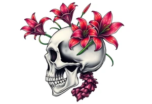 Lillies coming out of back of humanoid skull tattoo idea
