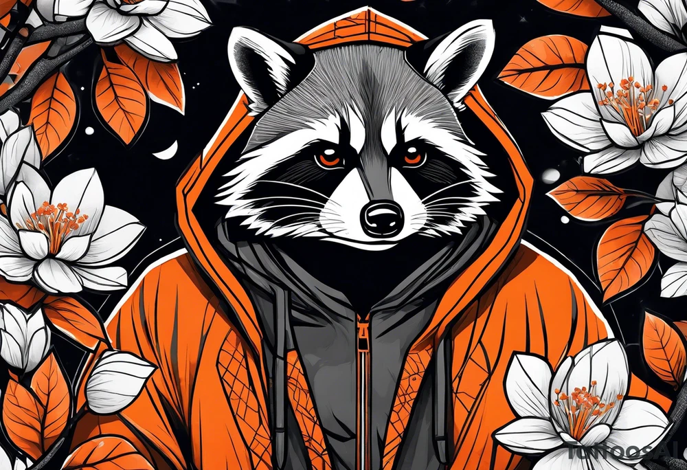 Raccoon wearing a white Superman logo on a black hoodie and orange Japanese cherry blossoms tattoo idea