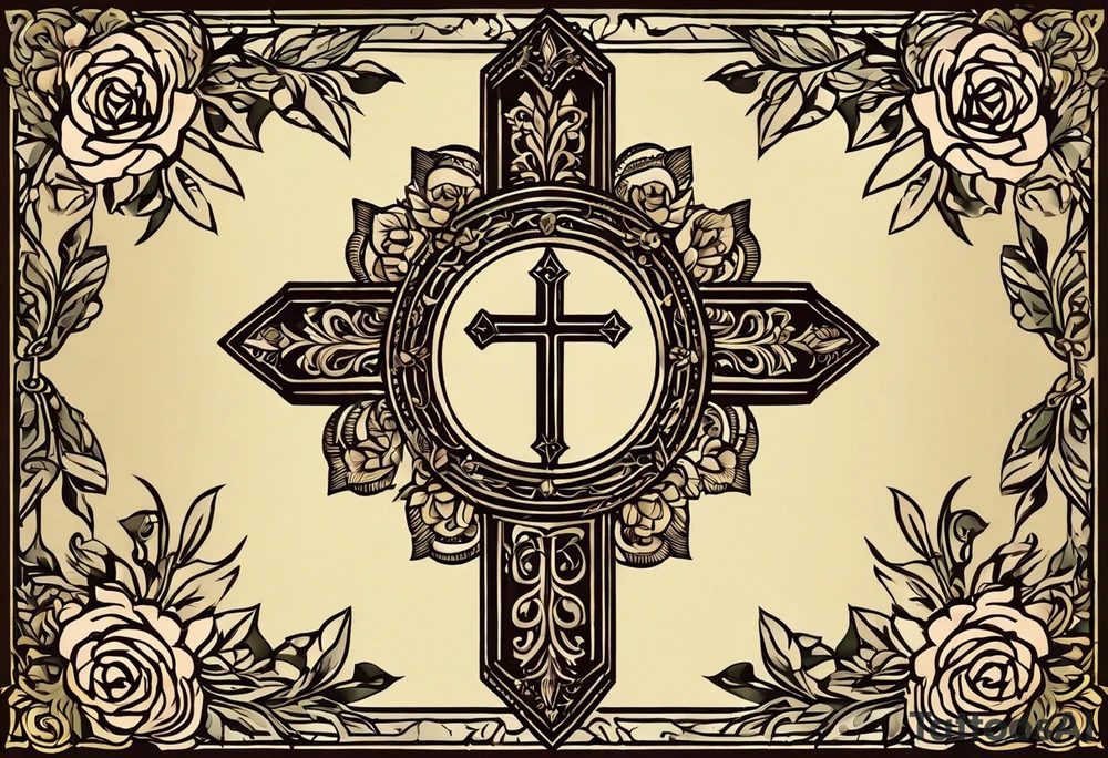 olive branch on wirst at bottom shaped like a manura lamp. A cross above that with smallers olive and rose branches and roses arount it with a crown above the cross on bothe sides small hebrew letters that say king of glory and the other says yeshua messiah in hebrew tattoo idea