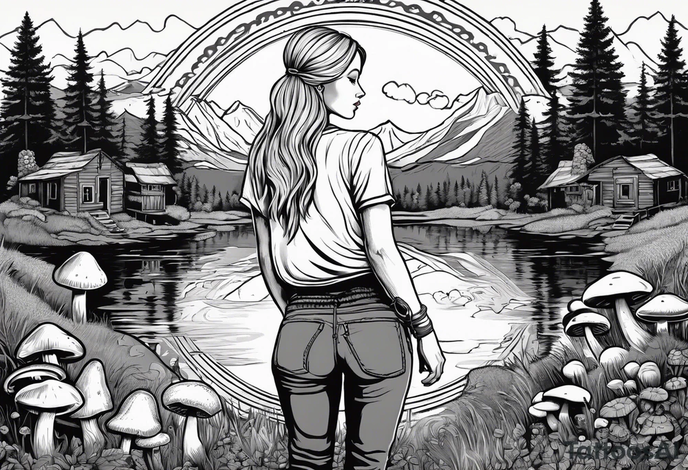 Whole picture encircled fully

Straight long blonde hair hippie girl in distance holding mushrooms in hand facing away toward mountains and creek surrounded by mushrooms tee shirt and hiking pants; whole rendering within a full circle, no cut off circle tattoo idea