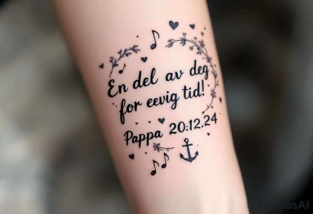 make a quote saying "En del av deg for evig tid! 
Pappa 20.12.24"
Surrounded by delicate long blossom gladious, music notes, hearts and an anchor on the lower right side tattoo idea