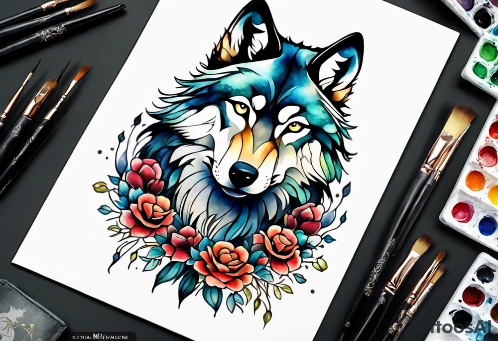 Full wolf sitting upright facing forwards tattoo idea