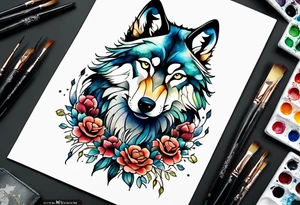Full wolf sitting upright facing forwards tattoo idea
