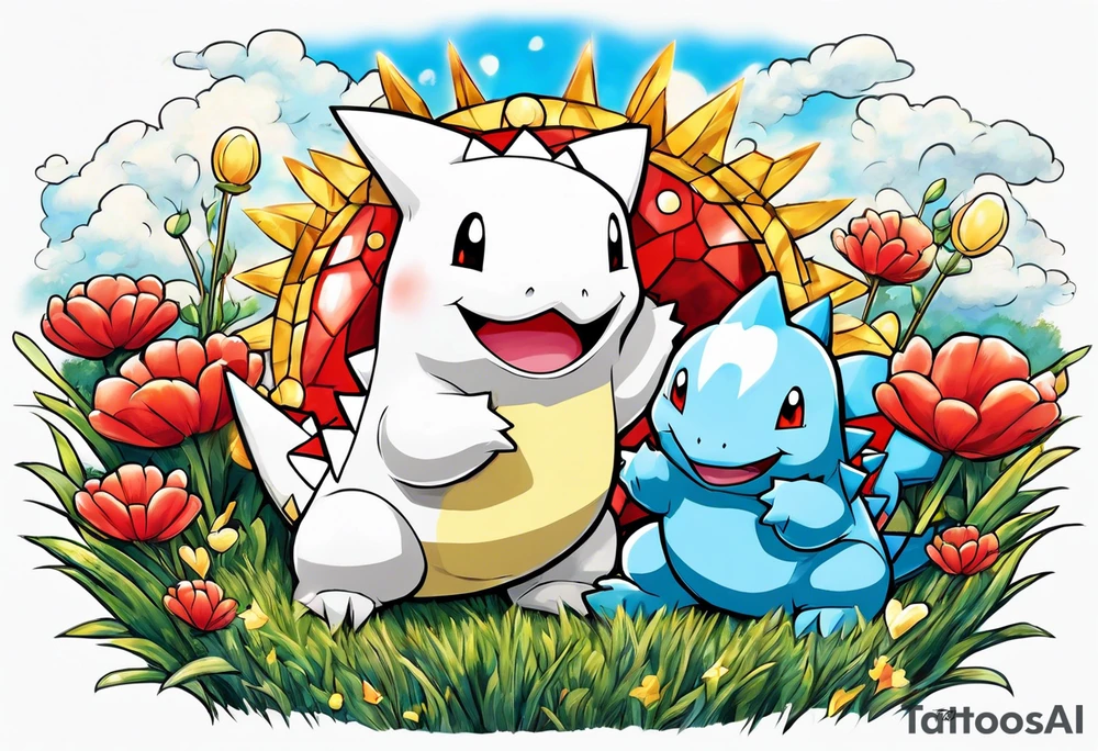 Original Togepi and original totodile playing together in a field tattoo idea