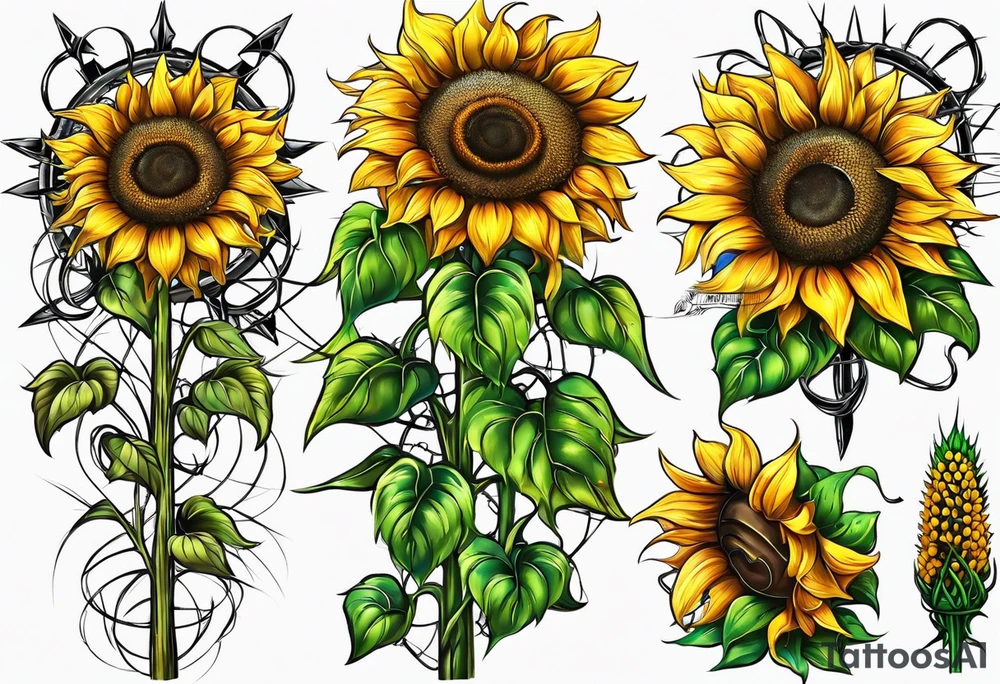 Sunflower, wheat, and barbed wire half sleeve tattoo idea