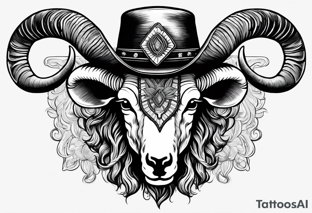 A ram skull with cowboy hat hanging off the end of one of the horns and the words sleep through the storm tattoo idea