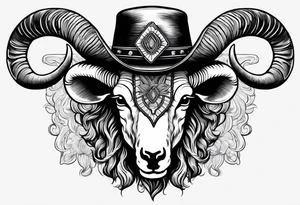 A ram skull with cowboy hat hanging off the end of one of the horns and the words sleep through the storm tattoo idea