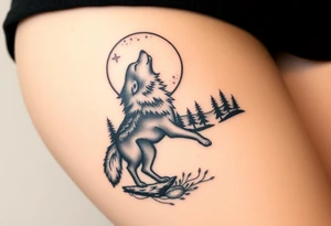 lone wolf howling at full moon with northern lights backdrop tattoo idea