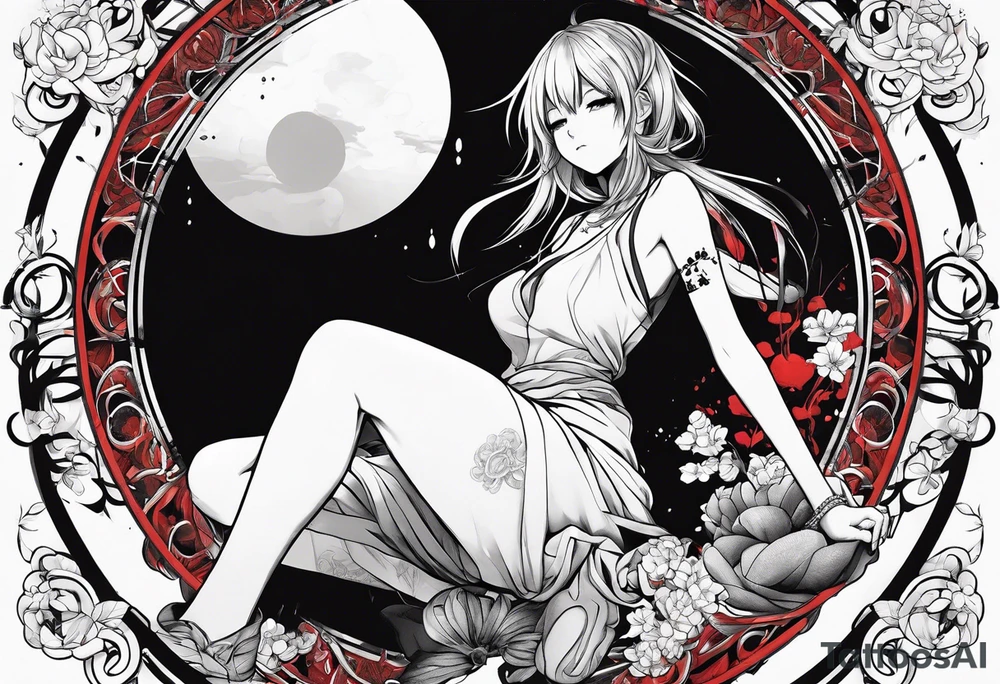a bleeding anime girl sitting on a ball, and surrounded by a zen circle tattoo idea