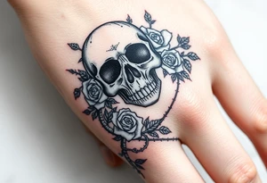 gothic skull intertwined with climbing roses and thorny vines tattoo idea