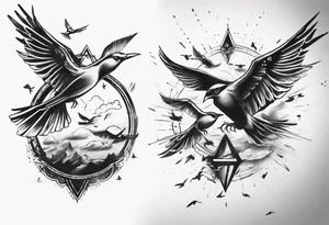 shoulder tattoo with light rays with birds flying free among the clouds tattoo idea