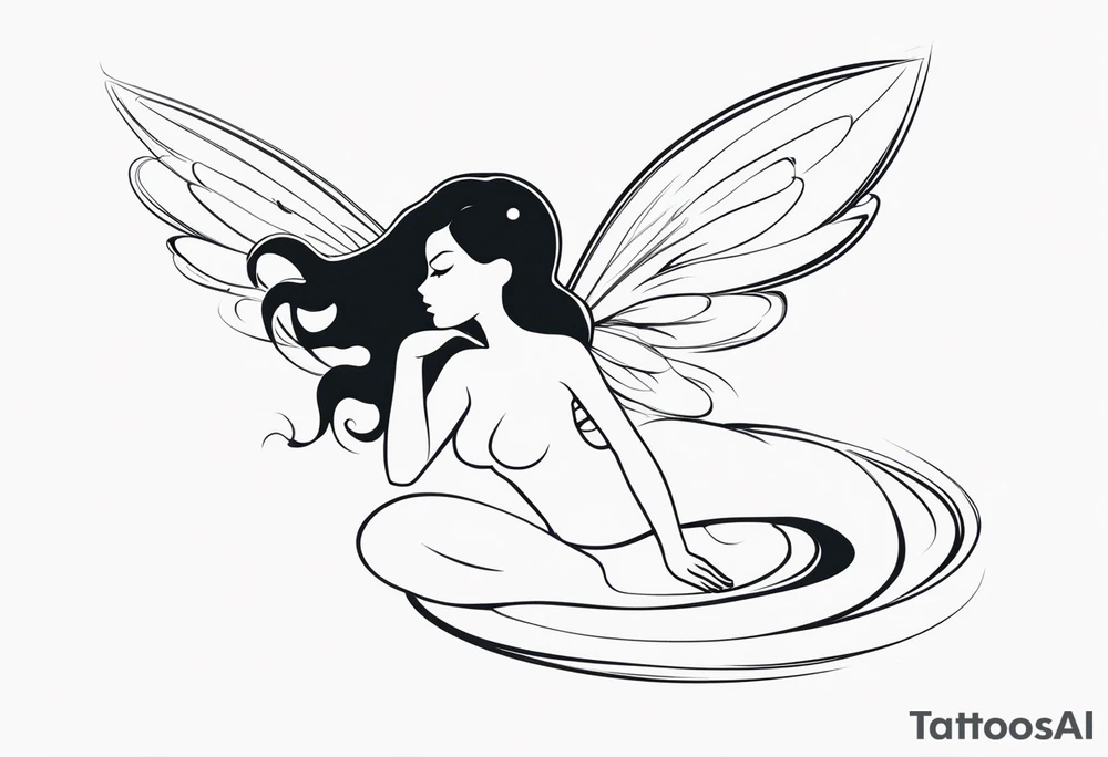 Minimalistic, monochromatic fairy with a tail flying to the left in a fetal position, leaning and looking in the same direction, with visible hands, embodying the 'Fairy Tail' logo aesthetic. tattoo idea