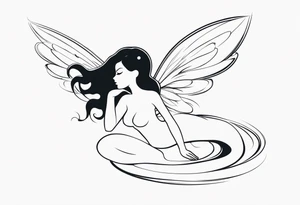 Minimalistic, monochromatic fairy with a tail flying to the left in a fetal position, leaning and looking in the same direction, with visible hands, embodying the 'Fairy Tail' logo aesthetic. tattoo idea