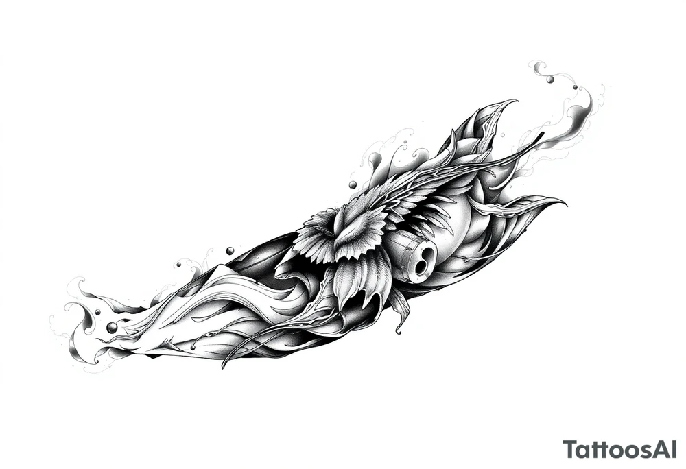 Tattoo sleeve filler using smoke, ash, and fragmented memory effects, organic flow wrapping around arm muscles, soft gradients, negative space, black and grey realism, seamless transitions between main tattoo elements. tattoo idea