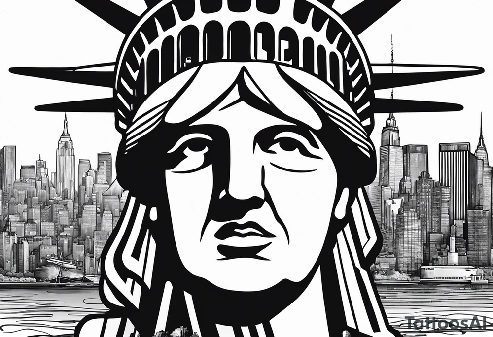 New york city skyline with Statute of liberty head in the background. White outline around head. Below the skyline in grafitti style text "NO QUIT" in the negative white space with shading around it. Put ice skating marks through the text and throughout the image tattoo idea