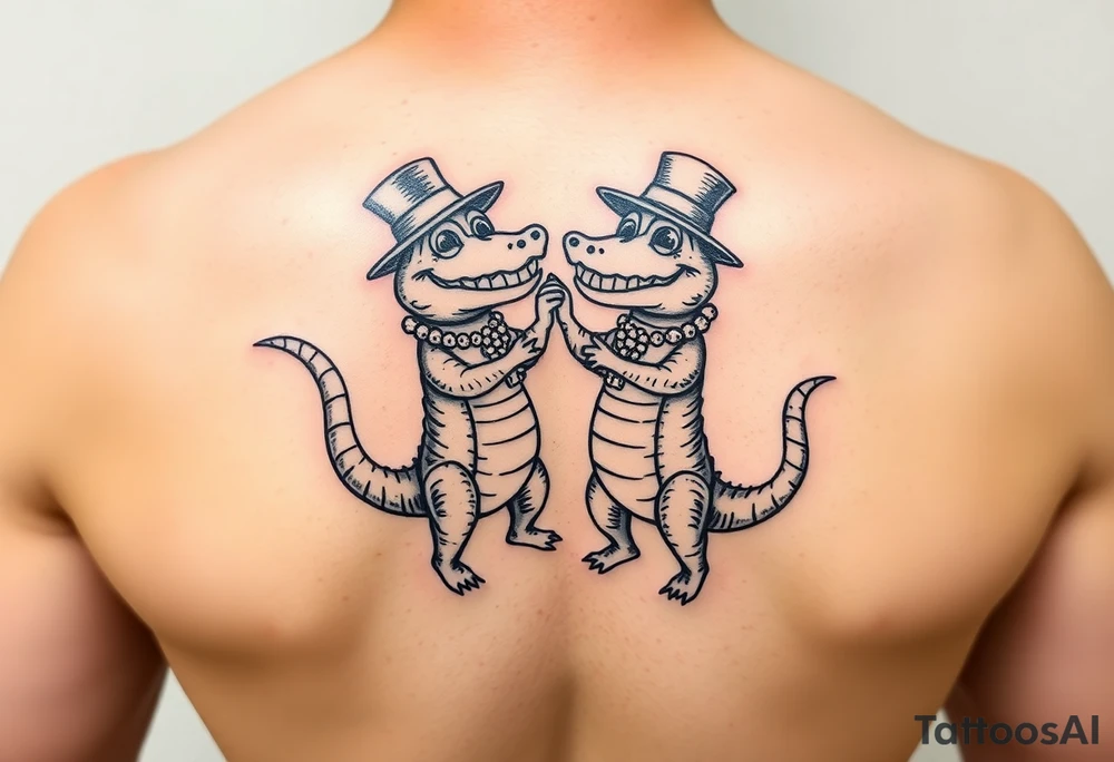 two cartoon mardi gras alligators dancing wearing hats and beads tattoo idea