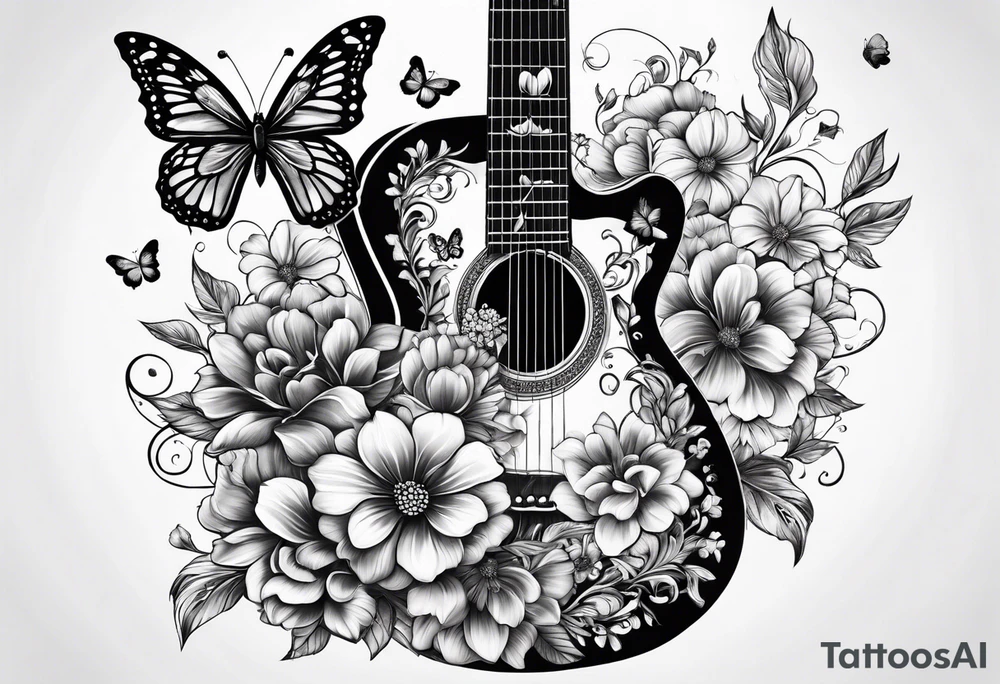 Guitar with flowers growing off the side, butterflies, small tattoo idea