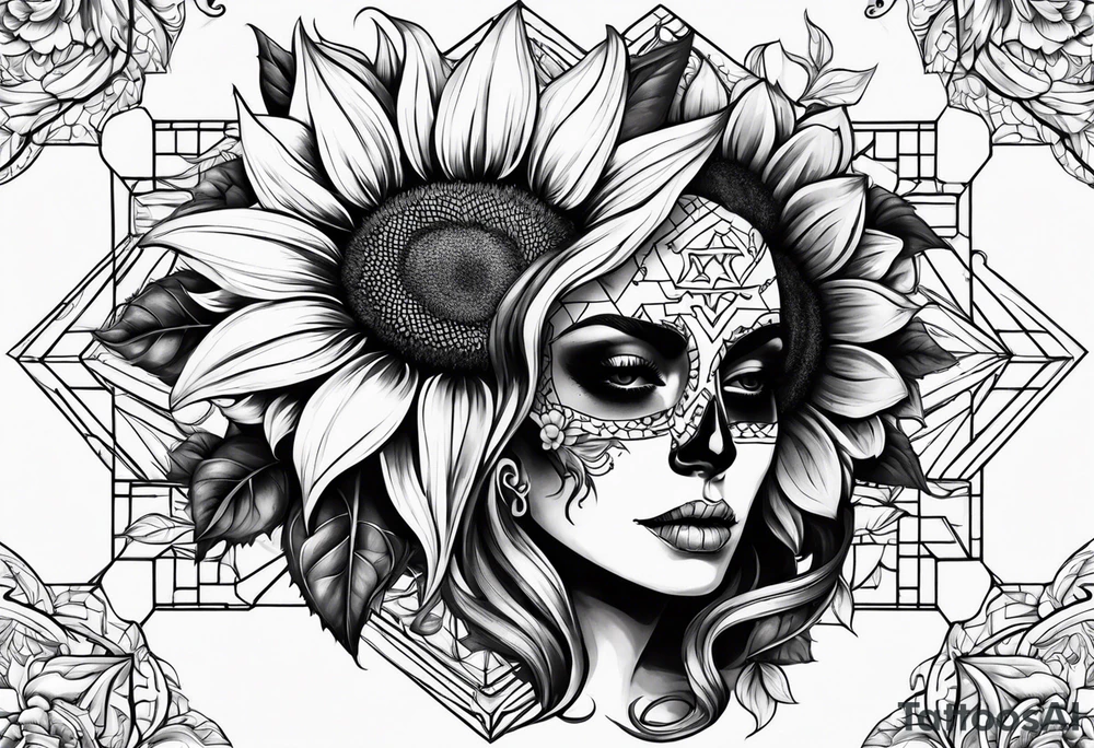 Sunflower, skull, puzzle pieces of face with skin tattoo idea