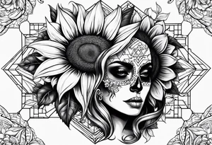 Sunflower, skull, puzzle pieces of face with skin tattoo idea