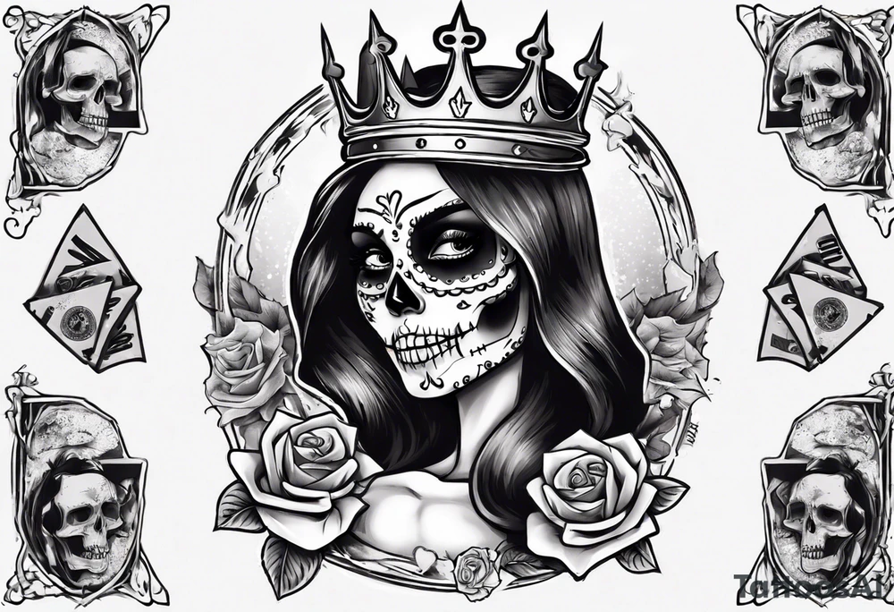 santa la muerta with money and crown
on the card tattoo idea