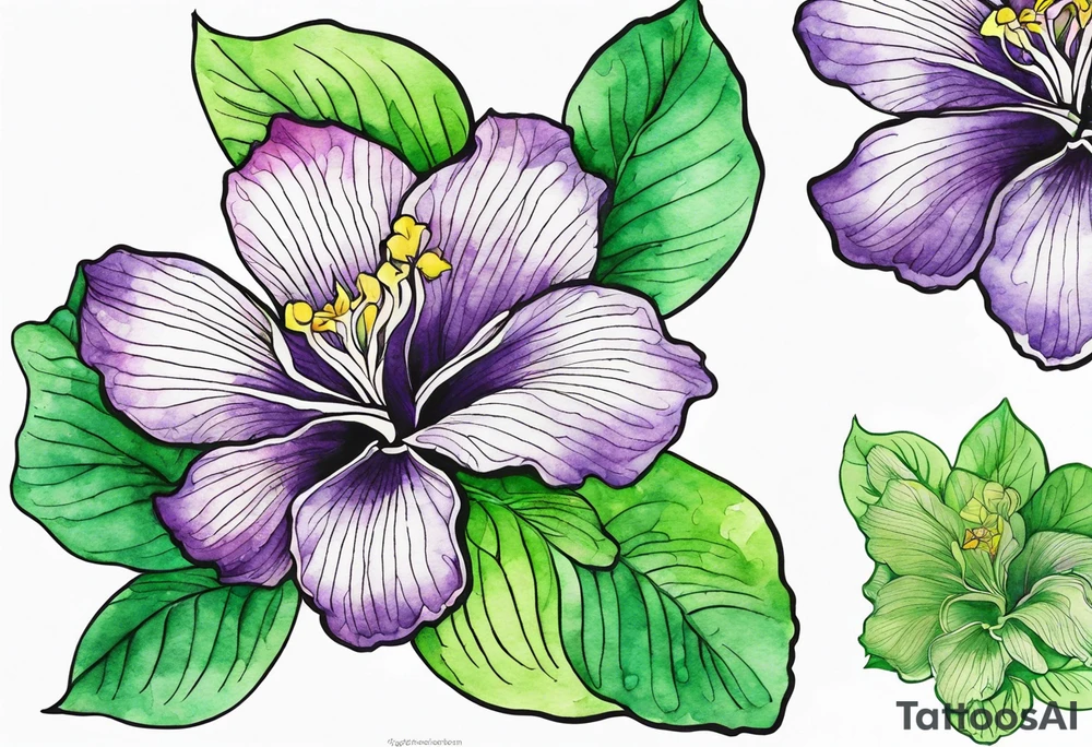 An outline of a rio dipladenia flower with a green and purple watercolor background tattoo idea