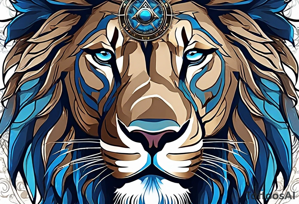 face of a lion with a third eye. Left eye blue, right eye brown. The third eye on the forehead is abstract. Around the muzzle there is a compass bezel tattoo idea