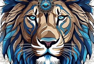 face of a lion with a third eye. Left eye blue, right eye brown. The third eye on the forehead is abstract. Around the muzzle there is a compass bezel tattoo idea