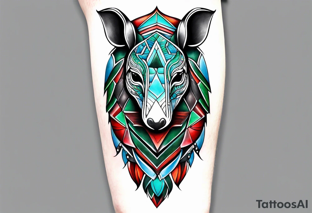 geometric style tattoo on knee with baby blue, red, and green accents. armadillo tattoo idea