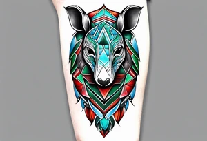geometric style tattoo on knee with baby blue, red, and green accents. armadillo tattoo idea