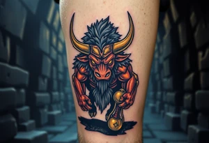 A mighty Minotaur in a shadowy labyrinth, its massive frame glowing with a bronze sheen under flickering torchlight tattoo idea