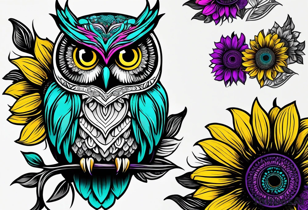 Black and white owl shaded teal, pink and purple surrounded by yellow sunflowers sleeve tattoo idea