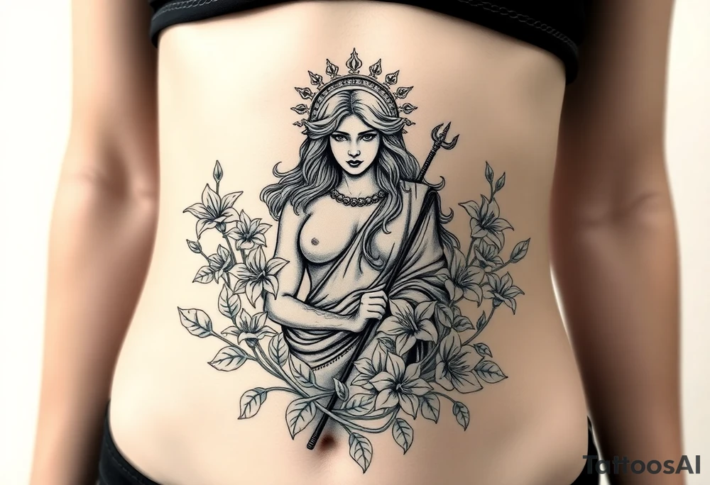 warrior greek goddess surrounded by lillie’s and vines tattoo idea