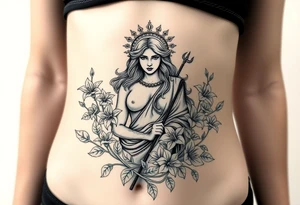 warrior greek goddess surrounded by lillie’s and vines tattoo idea