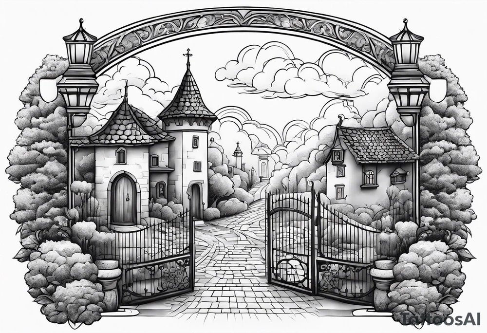 sky medieval town garden small houses gate entrance 
 in rounded vignette surrounded by clouds tattoo idea